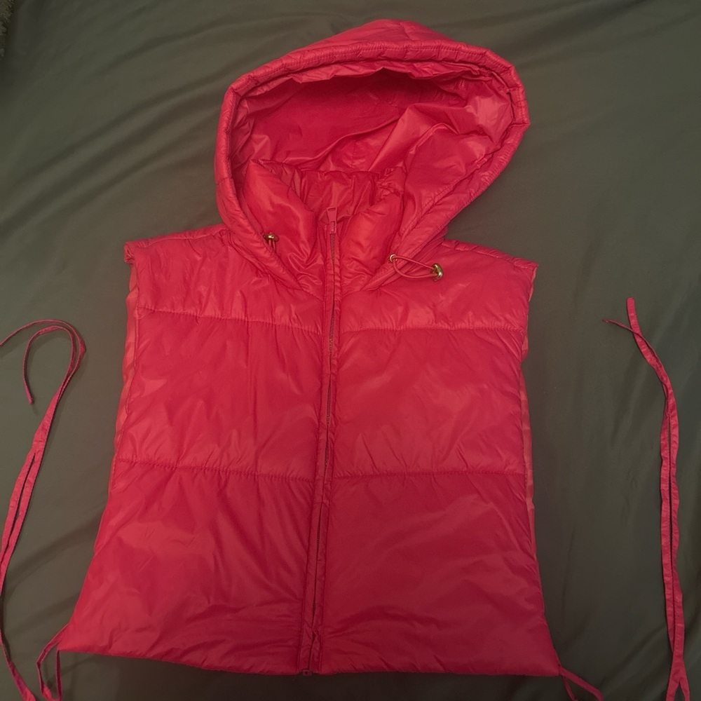 Hot pink puffer vest with hood